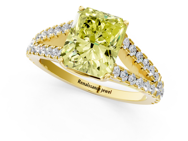 Yellow gold Fancy Yellow Radiant  Cut Split Shank Pave Diamond Engagement Ring with Four-Prong Setting