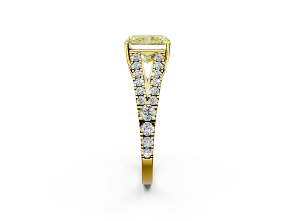 Yellow gold Fancy Yellow Radiant  Cut Split Shank Pave Diamond Engagement Ring with Four-Prong Setting