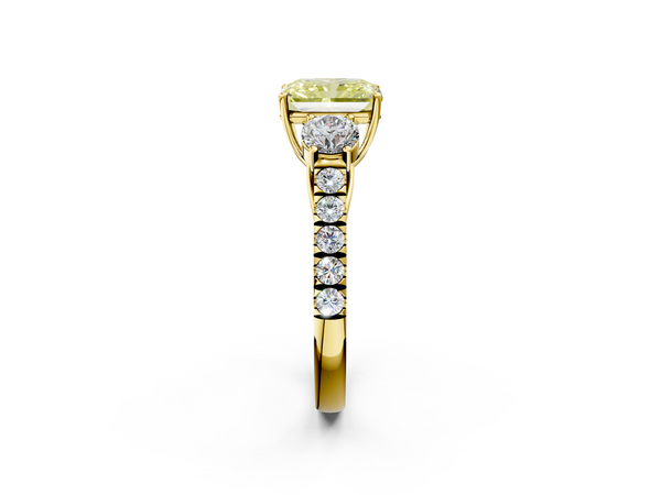 Yellow gold Fancy Yellow Radiant  Cut Diamond Three-Stone Ring with Round Side Stones and Pavé Band