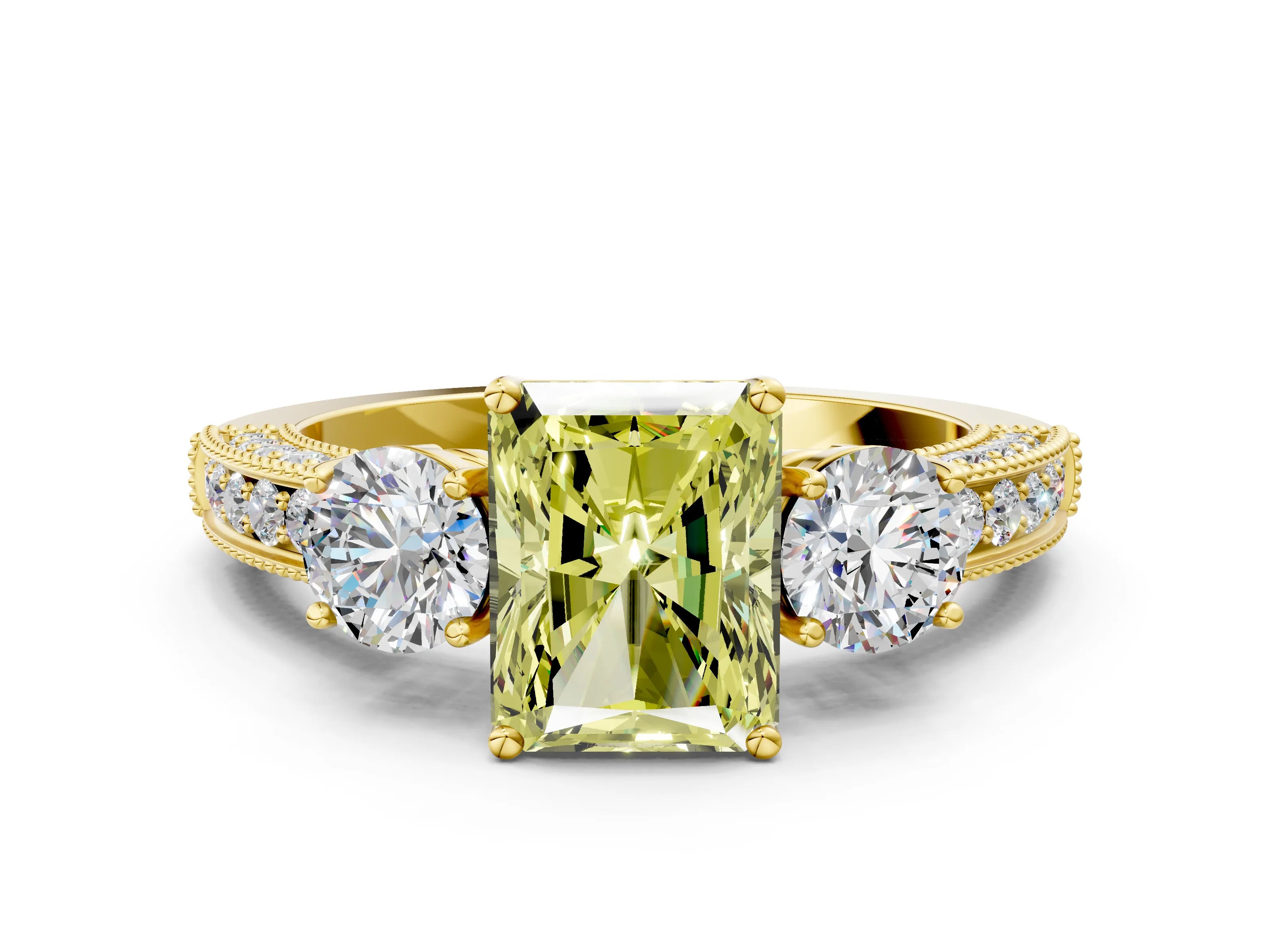 Yellow gold Fancy Yellow Radiant Cut Three-Stone Diamond Ring with Pavé Band and Four-Prong Setting