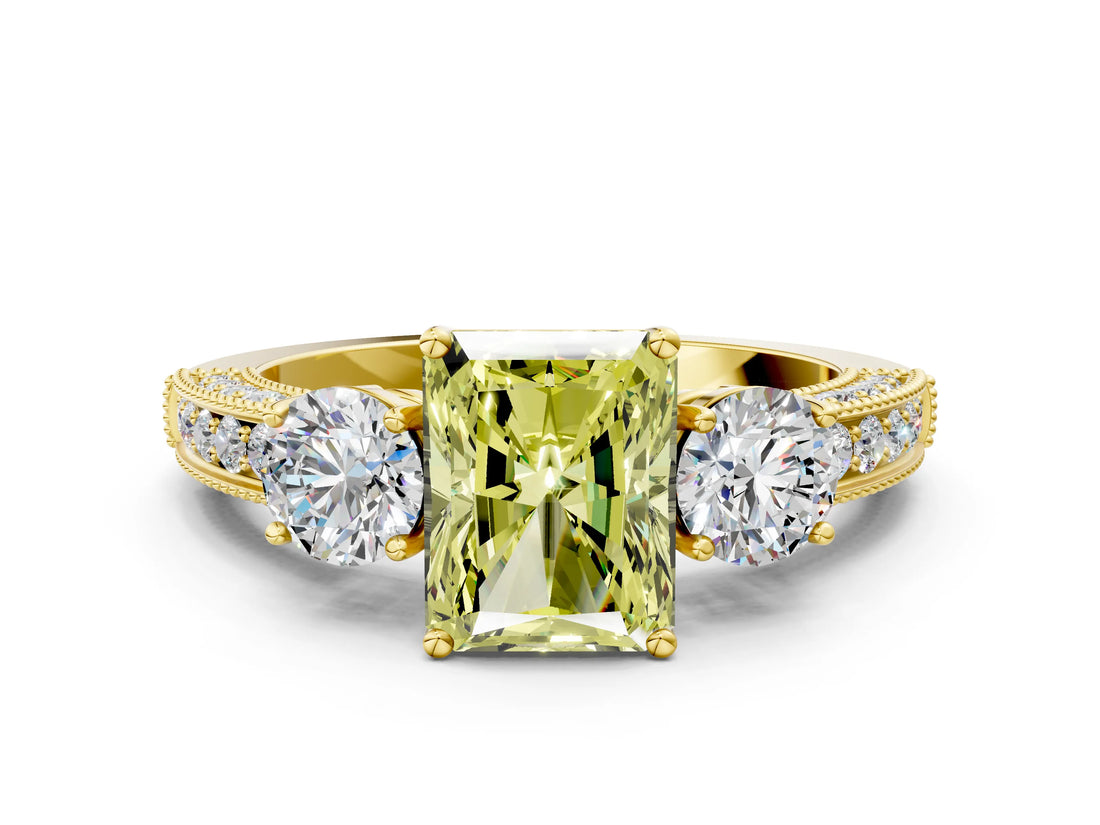 Yellow gold Fancy Yellow Radiant Cut Three-Stone Diamond Ring with Pavé Band and Four-Prong Setting