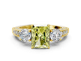 Yellow gold Fancy Yellow Radiant Cut Three-Stone Diamond Ring with Pavé Band and Four-Prong Setting
