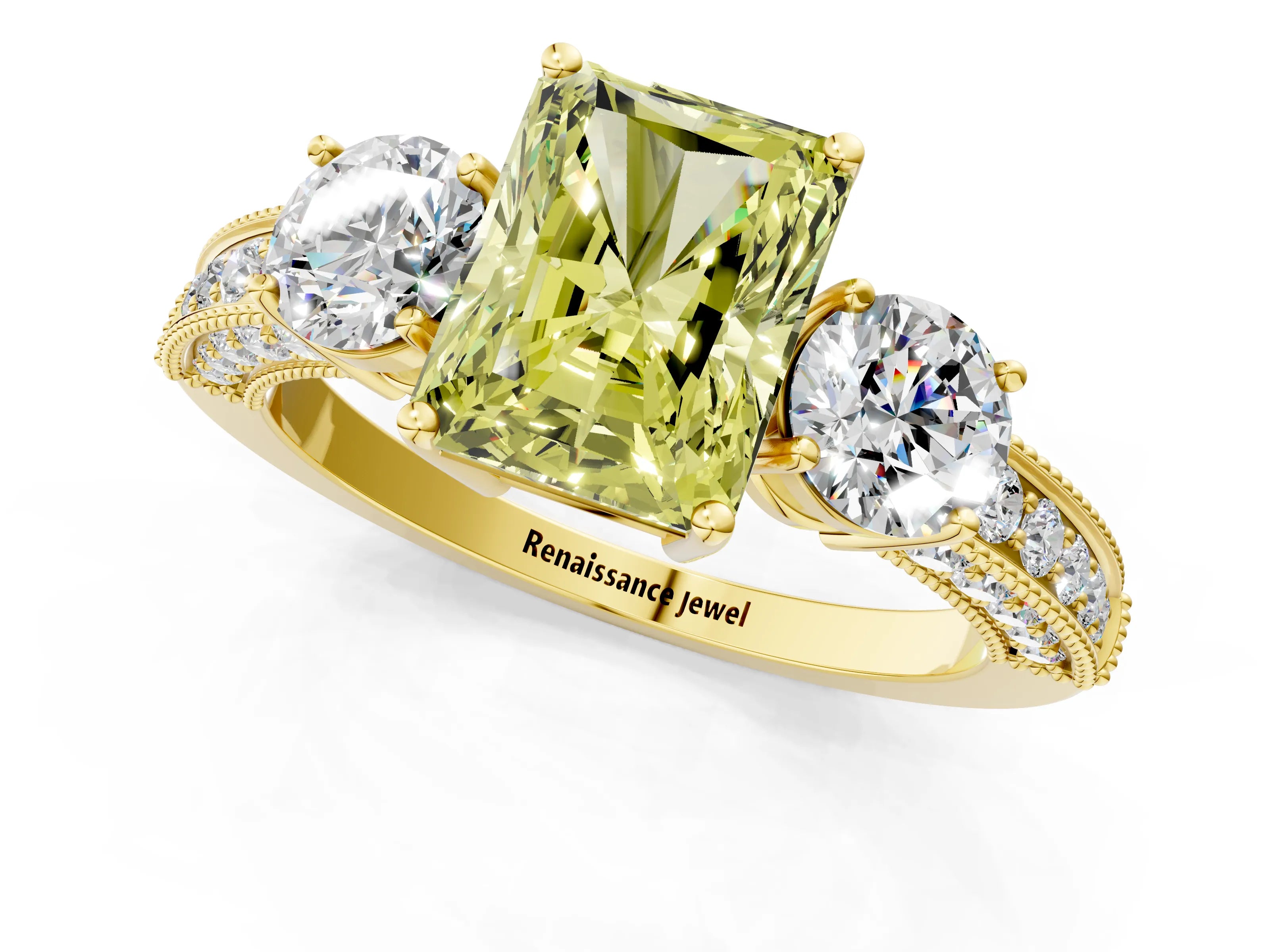 Yellow gold Fancy Yellow Radiant Cut Three-Stone Diamond Ring with Pavé Band and Four-Prong Setting_1