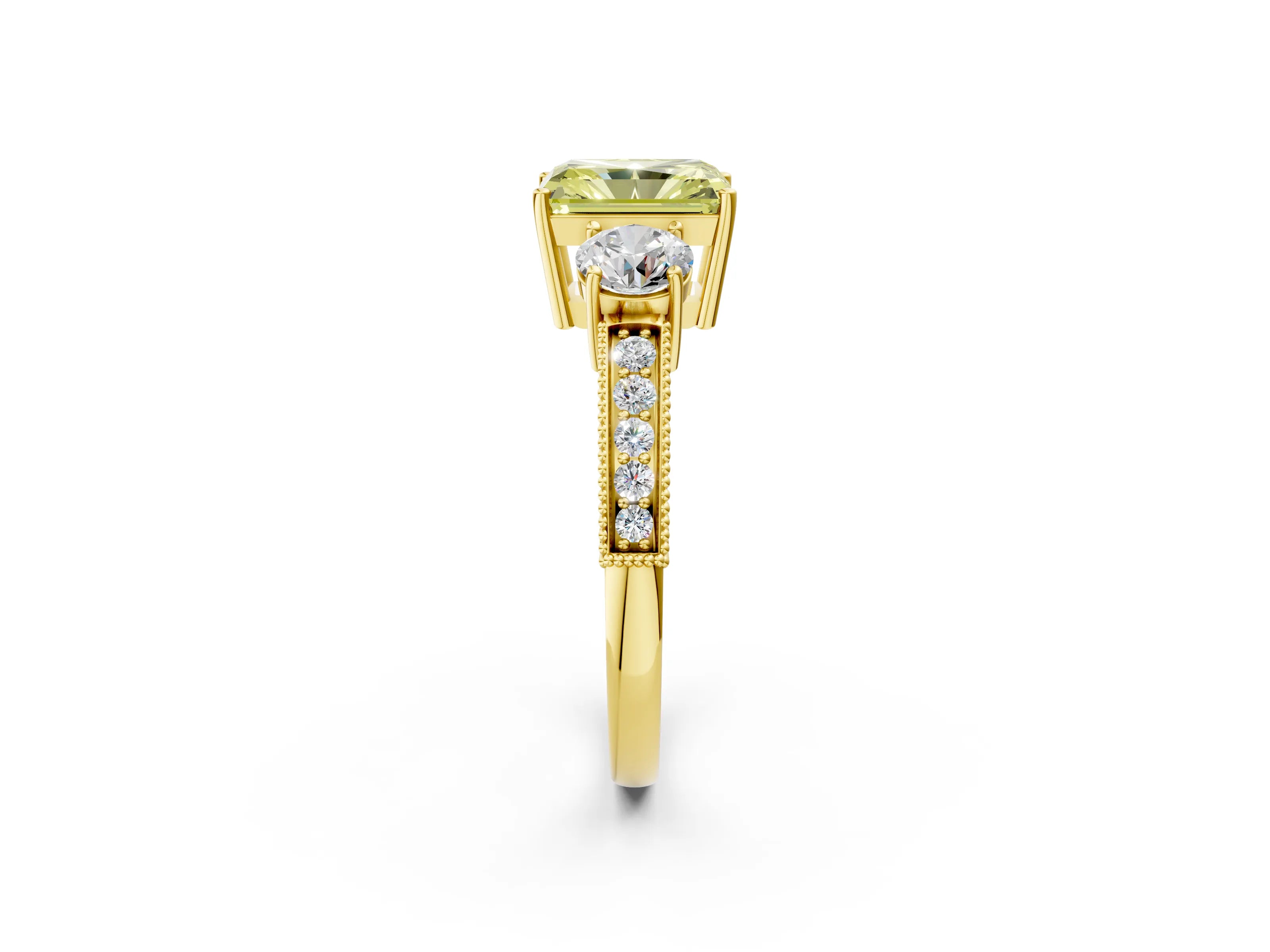 Yellow gold Fancy Yellow Radiant Cut Three-Stone Diamond Ring with Pavé Band and Four-Prong Setting_2