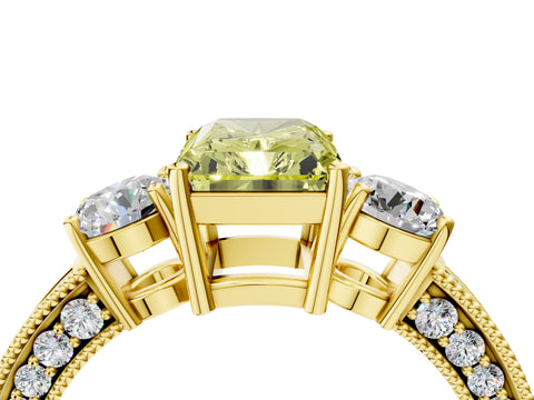 Yellow gold Fancy Yellow Radiant Cut Three-Stone Diamond Ring with Pavé Band and Four-Prong Setting_4