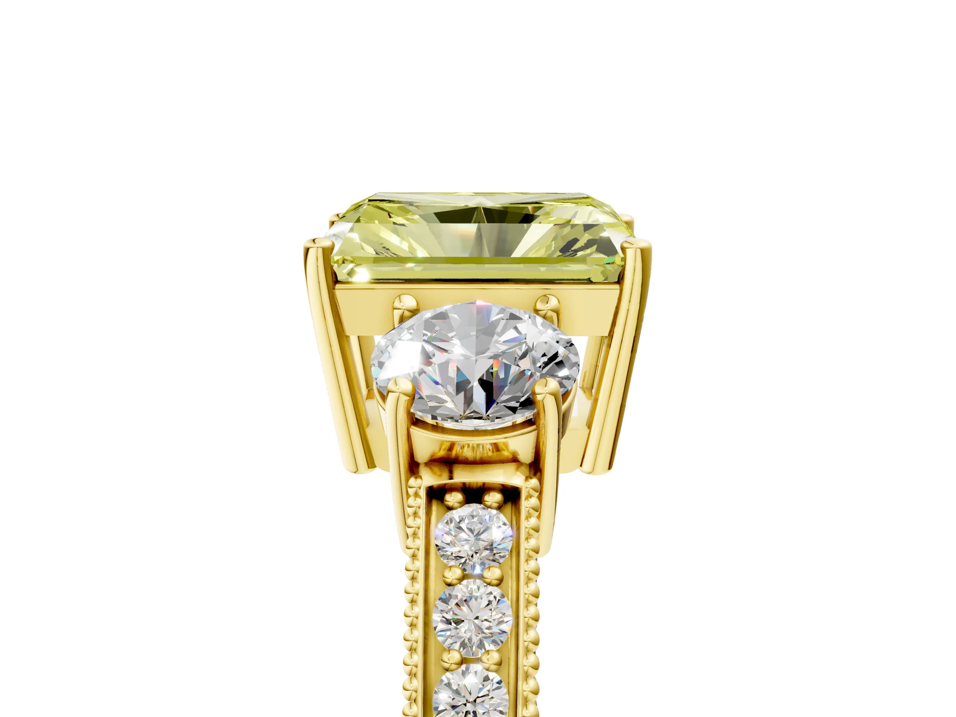 Yellow gold Fancy Yellow Radiant Cut Three-Stone Diamond Ring with Pavé Band and Four-Prong Setting_5