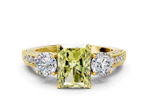 Yellow gold Fancy Yellow Radiant Cut Three-Stone Diamond Ring with Pavé Band and Four-Prong Setting