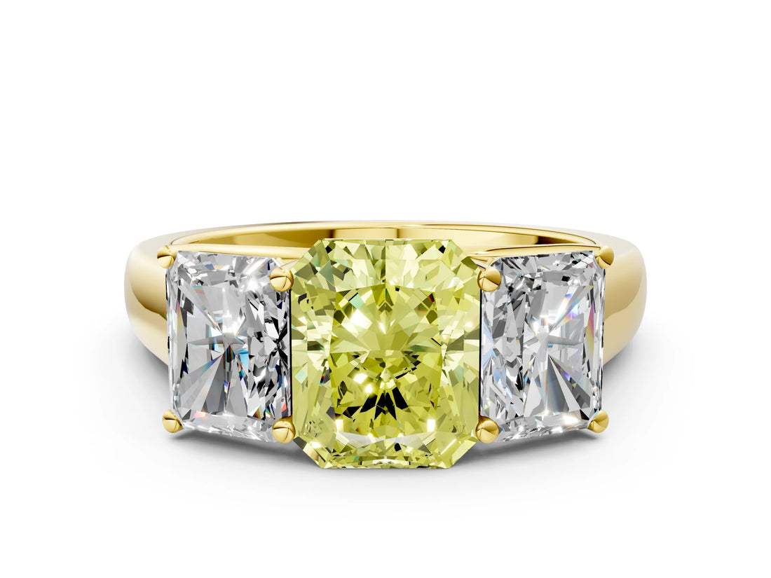 Yellow gold Fancy Yellow Radiant Cut Three-Stone Diamond Ring with Prong Setting on a Classic Band_18