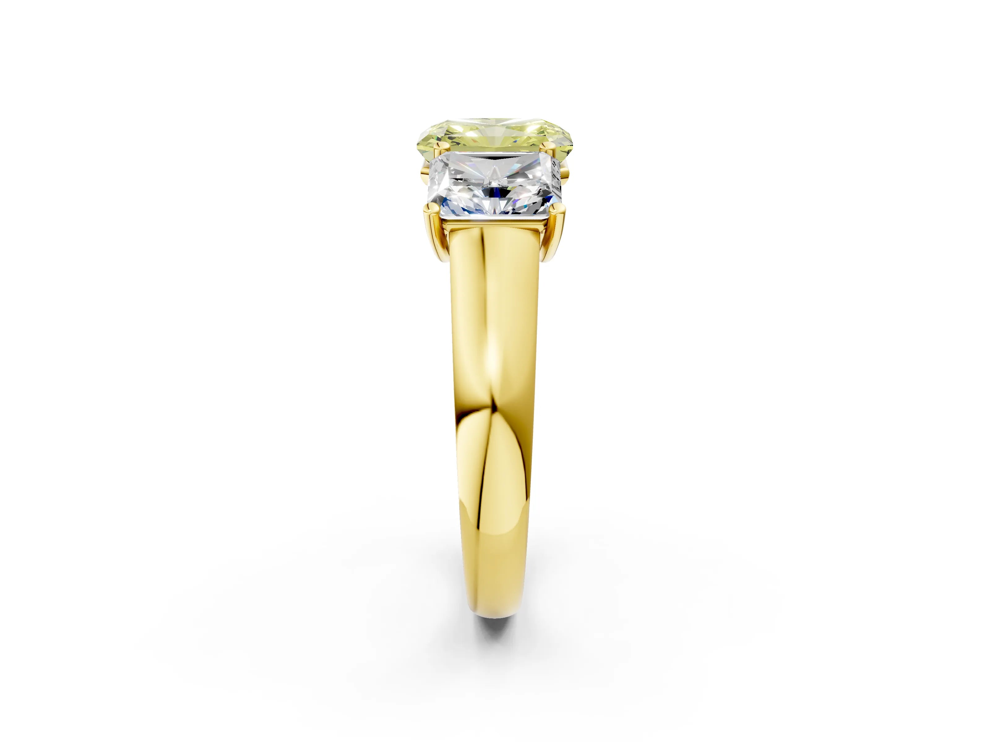 Yellow gold Fancy Yellow Radiant Cut Three-Stone Diamond Ring with Prong Setting on a Classic Band_2