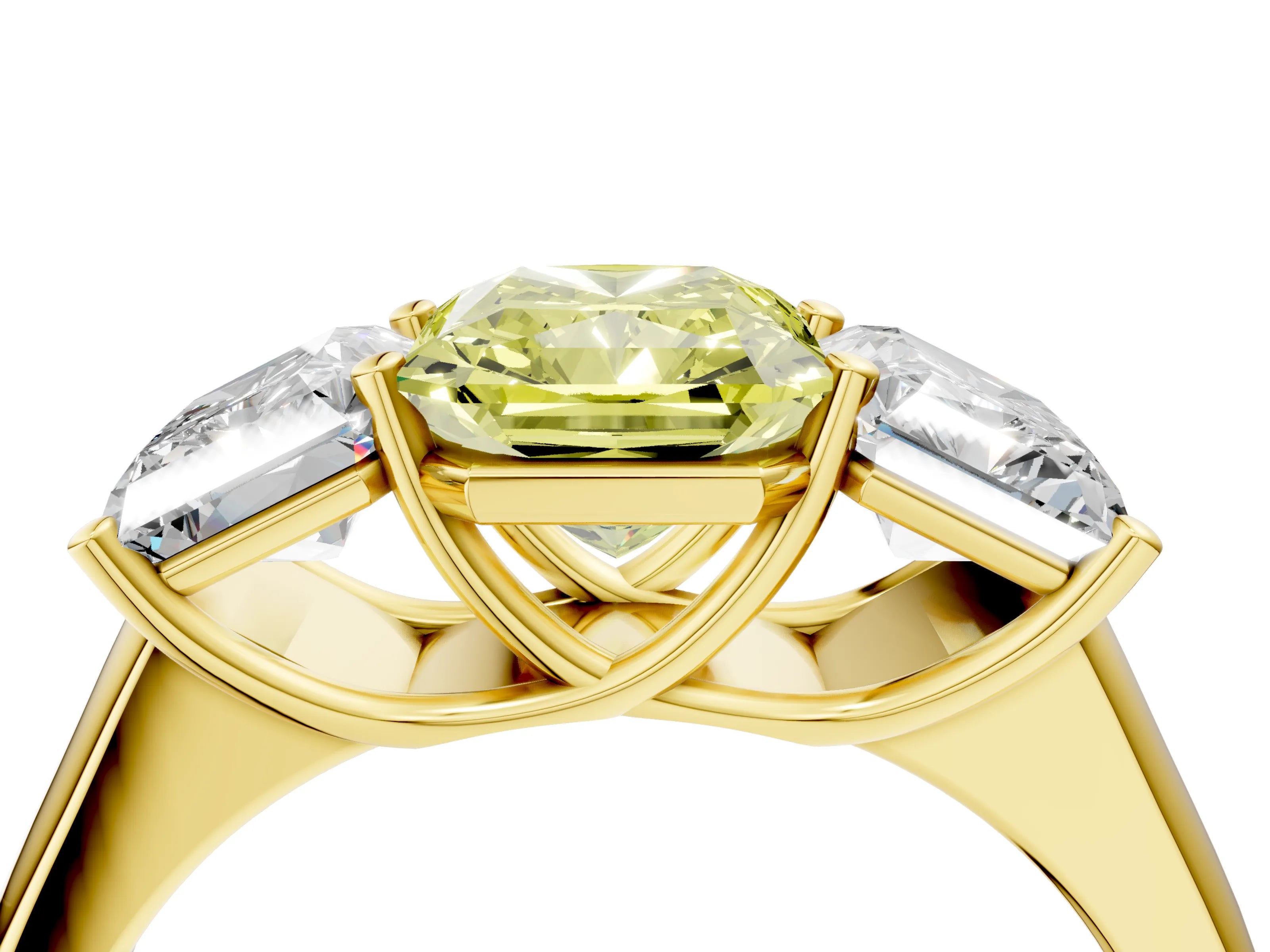 Yellow gold Fancy Yellow Radiant Cut Three-Stone Diamond Ring with Prong Setting on a Classic Band_4