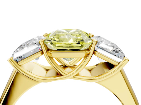 Yellow gold Fancy Yellow Radiant Cut Three-Stone Diamond Ring with Prong Setting on a Classic Band_4