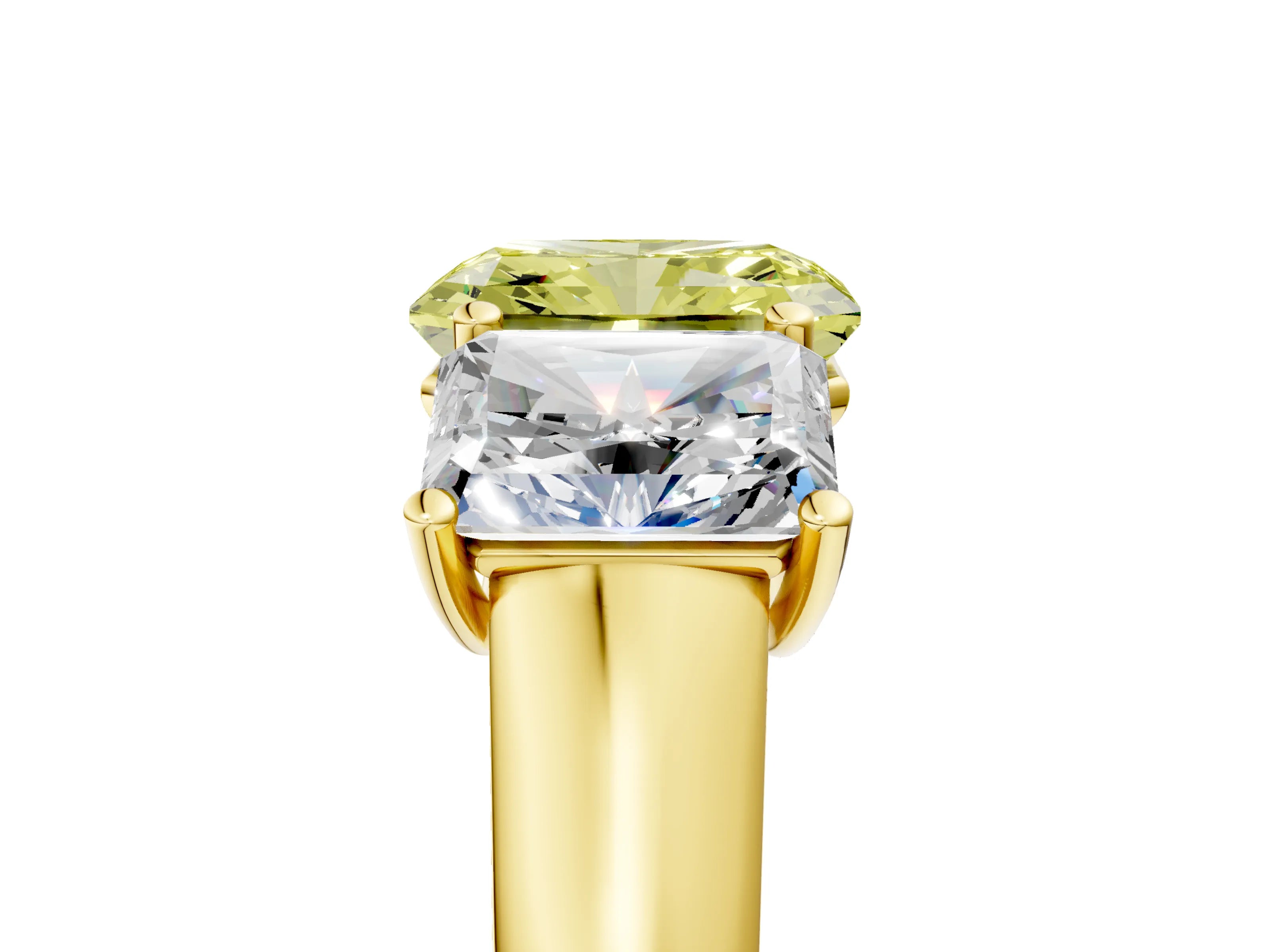 Yellow gold Fancy Yellow Radiant Cut Three-Stone Diamond Ring with Prong Setting on a Classic Band_5