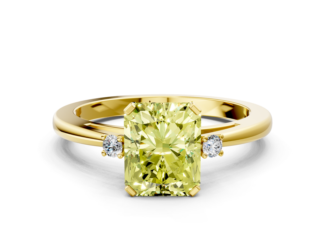 Yellow gold Fancy Yellow Radiant  Cut Three-Stone Solitaire Ring with Round Accent Diamonds and Four-Prong Setting_20