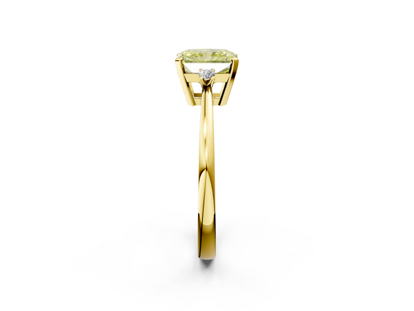 Yellow gold Fancy Yellow Radiant  Cut Three-Stone Solitaire Ring with Round Accent Diamonds and Four-Prong Setting