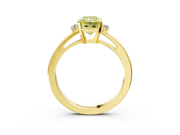 Yellow gold Fancy Yellow Radiant  Cut Three-Stone Solitaire Ring with Round Accent Diamonds and Four-Prong Setting