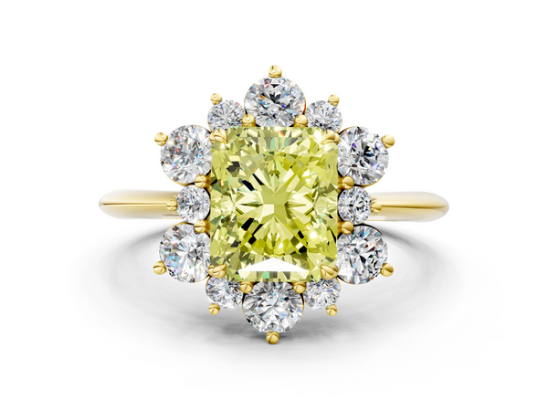 Yellow gold Fancy Yellow Radiant  Diamond Cluster Halo Ring with Solitaire Band and Four-Prong Setting