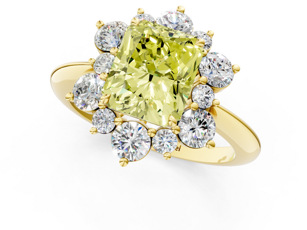 Yellow gold Fancy Yellow Radiant  Diamond Cluster Halo Ring with Solitaire Band and Four-Prong Setting