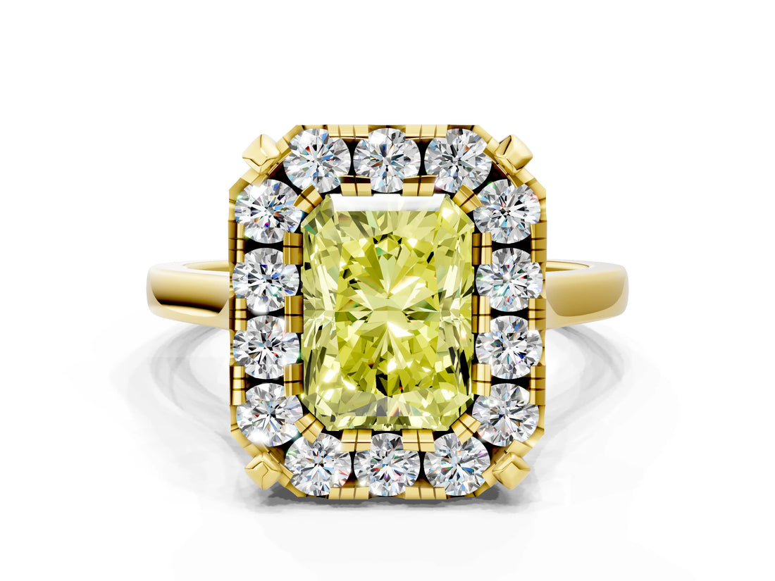 Yellow gold Fancy Yellow Radiant  Diamond Cluster Halo Solitaire with Four-Prong Setting_77