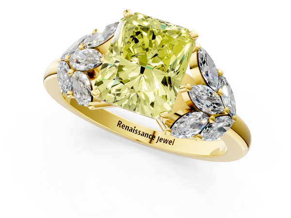 Yellow gold Fancy Yellow Radiant  Diamond Cluster Leaf Design Ring with Prong Setting