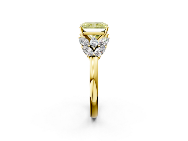 Yellow gold Fancy Yellow Radiant  Diamond Cluster Leaf Design Ring with Prong Setting