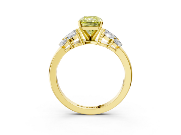 Yellow gold Fancy Yellow Radiant  Diamond Cluster Leaf Design Ring with Prong Setting