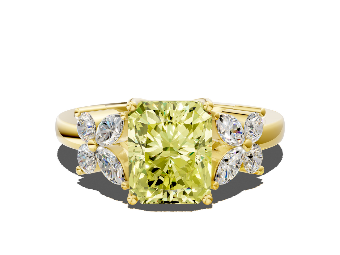 Yellow gold Fancy Yellow Radiant  Diamond Floral Cluster Ring with Solitaire Band and Prong Setting_26