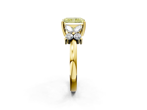Yellow gold Fancy Yellow Radiant  Diamond Floral Cluster Ring with Solitaire Band and Prong Setting