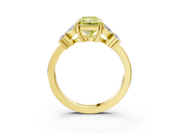 Yellow gold Fancy Yellow Radiant  Diamond Floral Cluster Ring with Solitaire Band and Prong Setting