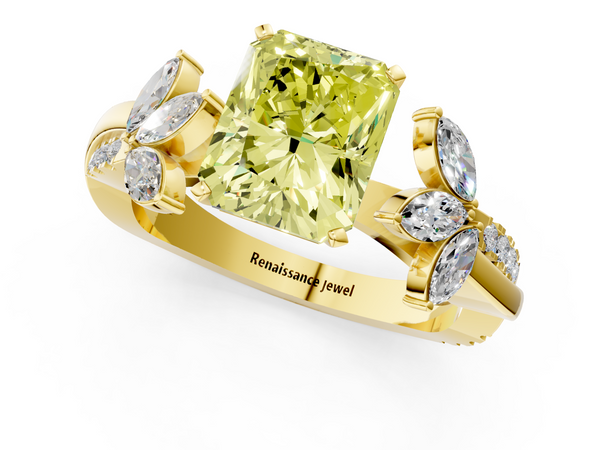 Yellow gold Fancy Yellow Radiant  Diamond Floral Vine Solitaire Engagement Ring