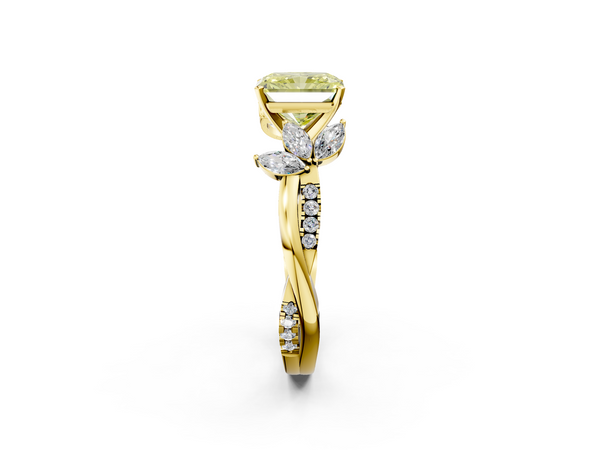 Yellow gold Fancy Yellow Radiant  Diamond Floral Vine Solitaire Engagement Ring