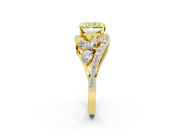 Yellow gold Fancy Yellow Radiant  Diamond Halo Ring with Marquise and Pavé Band in Prong Setting
