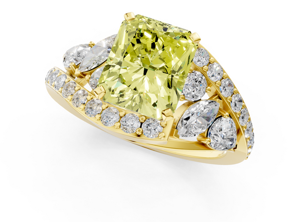 Yellow gold Fancy Yellow Radiant  Diamond Halo Ring with Marquise and Pavé Band in Prong Setting