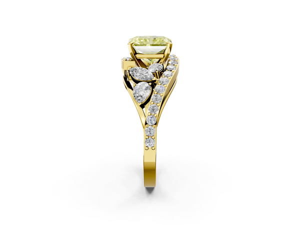 Yellow gold Fancy Yellow Radiant  Diamond Halo Ring with Marquise and Pavé Band in Prong Setting