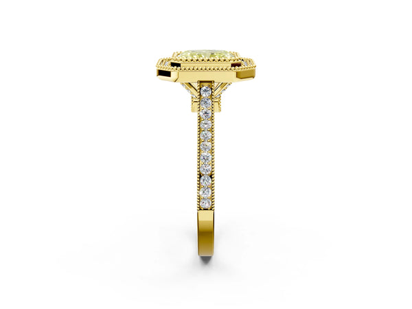 Yellow gold Fancy Yellow Radiant  Diamond Halo Ring with Milgrain Frame and Pavé Band