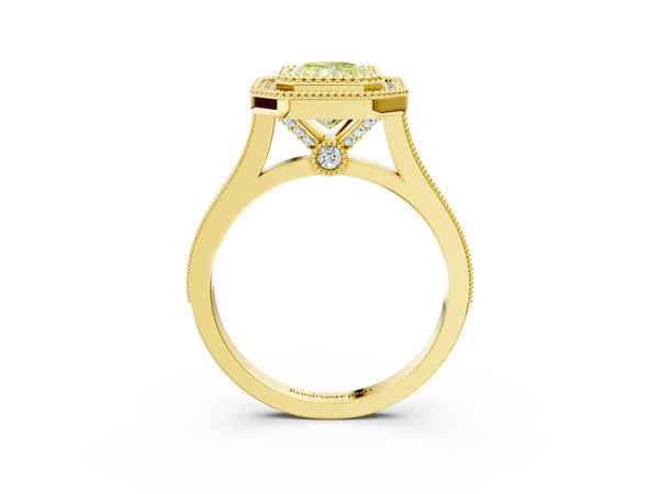 Yellow gold Fancy Yellow Radiant  Diamond Halo Ring with Milgrain Frame and Pavé Band