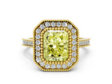 Yellow gold Fancy Yellow Radiant  Diamond Halo Ring with Milgrain Frame and Pavé Band