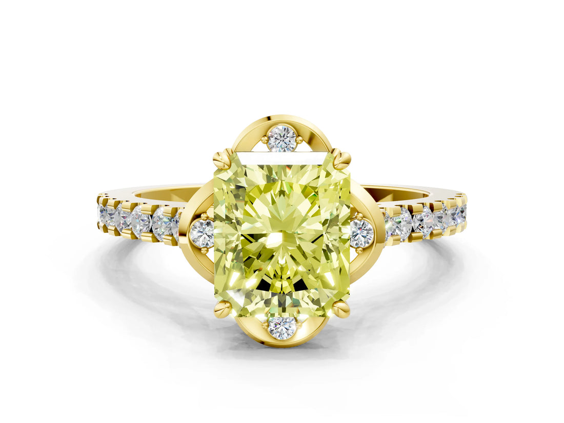 Yellow gold Fancy Yellow Radiant  Diamond Pave Band with Floral Prong Setting_27