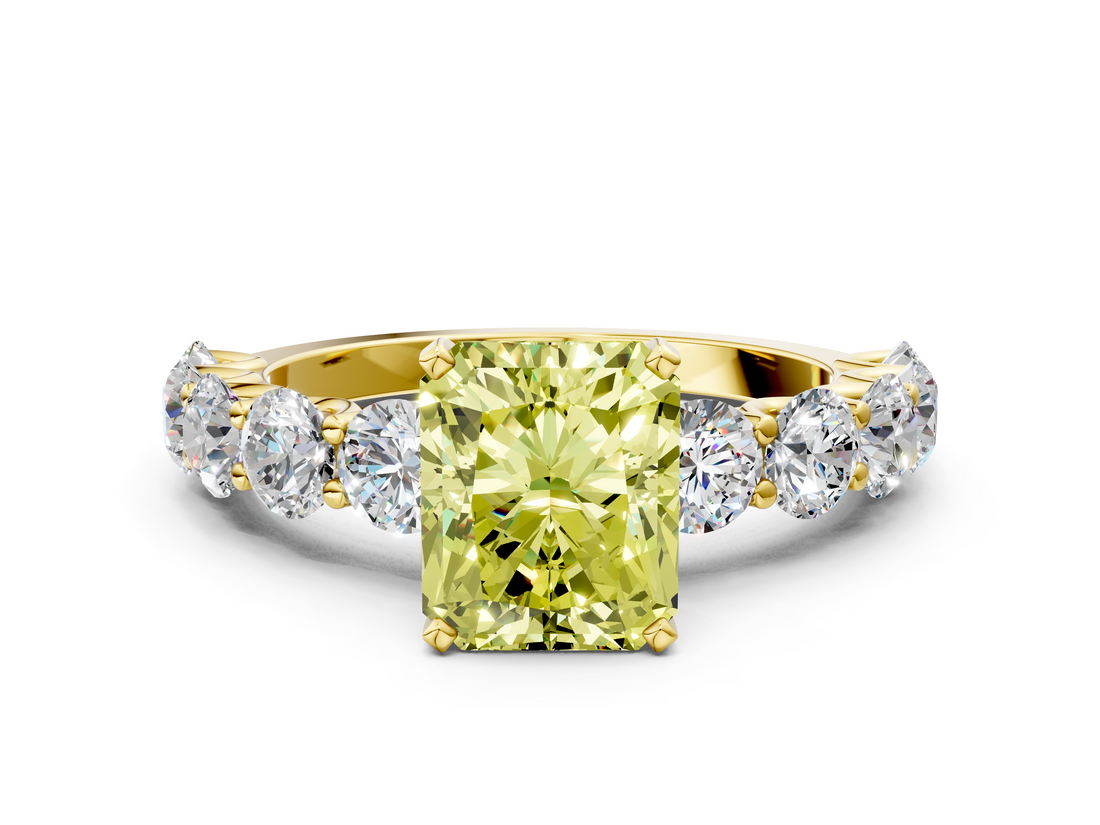 Yellow gold Fancy Yellow Radiant  Diamond Prong Setting with Side Stones on a Pave Band_134