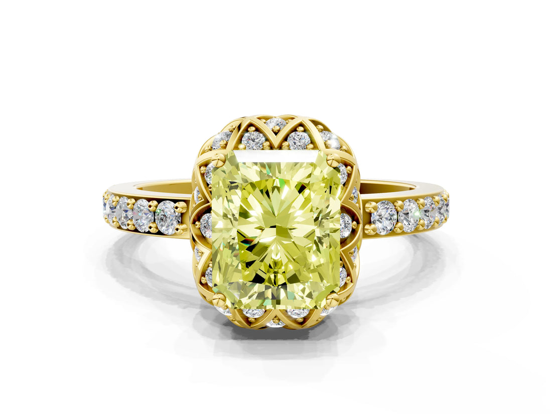 Yellow gold Fancy Yellow Radiant  Diamond Solitaire Ring with Shared Prong Pavé Band_66