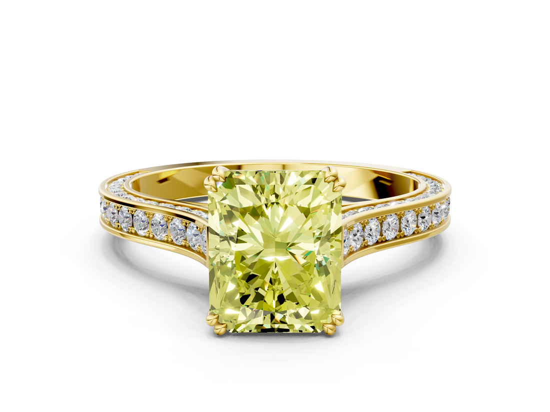 Yellow gold Fancy Yellow Radiant  Diamond Solitaire with Pave Band and Six-Prong Setting_20