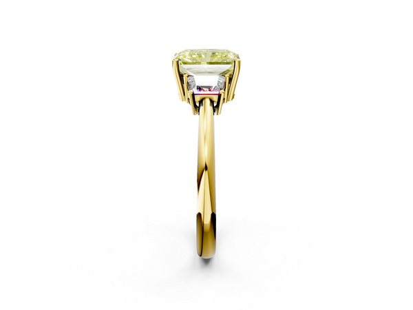 Yellow Gold Radiant Cut Three Stone Engagement Ring Setting for Fancy Yellow Center with Trapezoid Side Stones