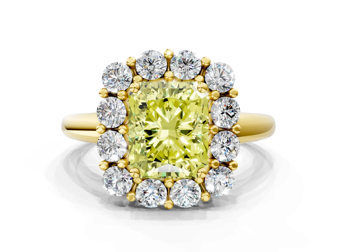 Yellow gold Fancy Yellow Radiant  Halo Cluster Diamond Engagement Ring with Prong Setting and Polished Band_20
