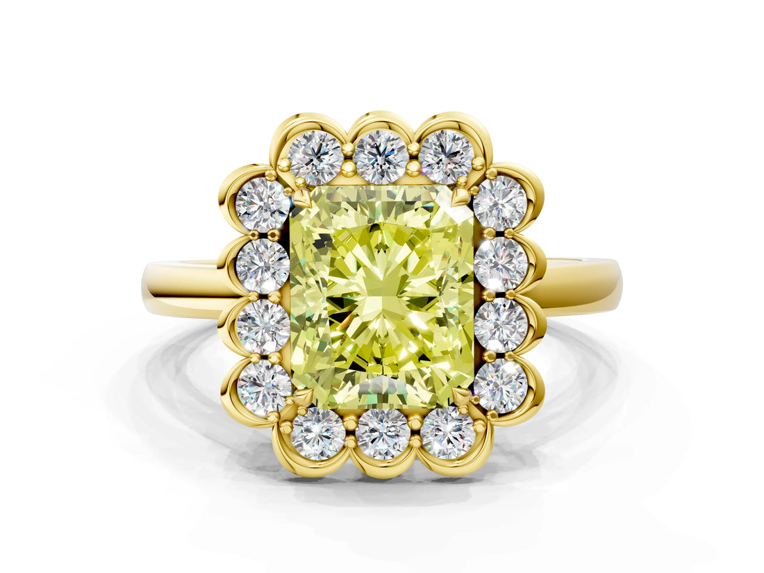 Yellow gold Fancy Yellow Radiant  Halo Cluster Diamond Engagement Ring with Solitaire Band and Prong Setting_49