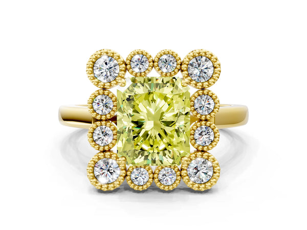 Yellow gold Fancy Yellow Radiant  Halo Diamond Cluster Engagement Ring with Milgrain Bezel Setting and Solitaire Band