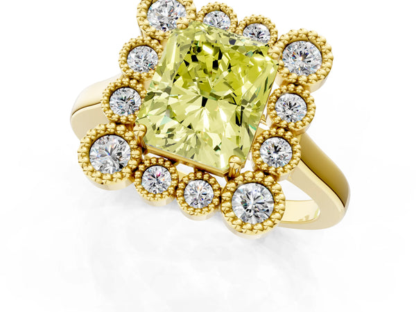 Yellow gold Fancy Yellow Radiant  Halo Diamond Cluster Engagement Ring with Milgrain Bezel Setting and Solitaire Band