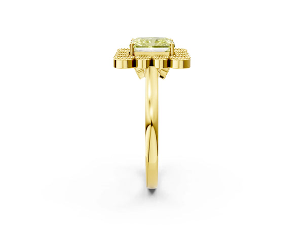 Yellow gold Fancy Yellow Radiant  Halo Diamond Cluster Engagement Ring with Milgrain Bezel Setting and Solitaire Band