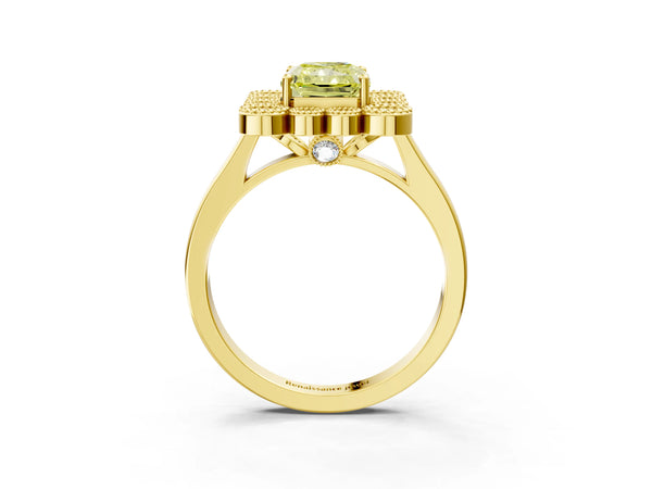 Yellow gold Fancy Yellow Radiant  Halo Diamond Cluster Engagement Ring with Milgrain Bezel Setting and Solitaire Band