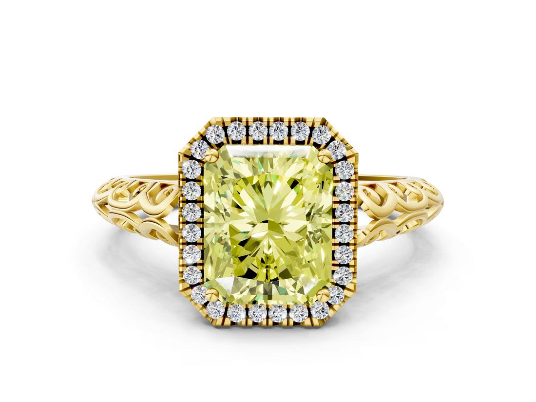 Yellow gold Fancy Yellow Radiant  Halo Diamond Engagement Ring with Intricate Filigree Band and Four-Prong Setting_54