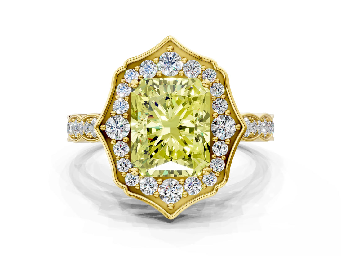 Yellow gold Fancy Yellow Radiant  Halo Diamond Engagement Ring with Milgrain Band and Four-Prong Setting_54