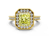 Yellow gold Fancy Yellow Radiant  Halo Diamond Engagement Ring with Milgrain Pave Band and Four-Prong Setting_12